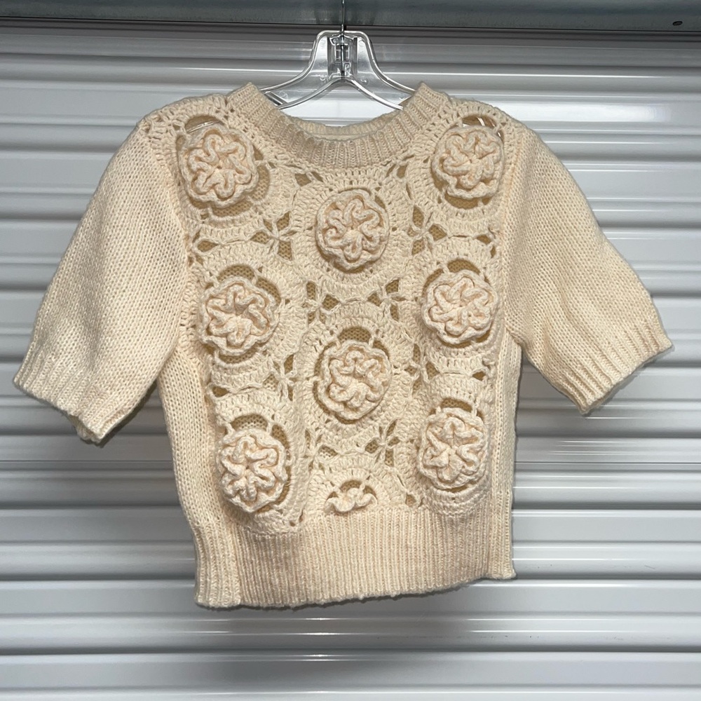 Women Boho Crop Cream Knit Flower Short‎ Sleeve Eyelet Crew Neck Sweater.#235